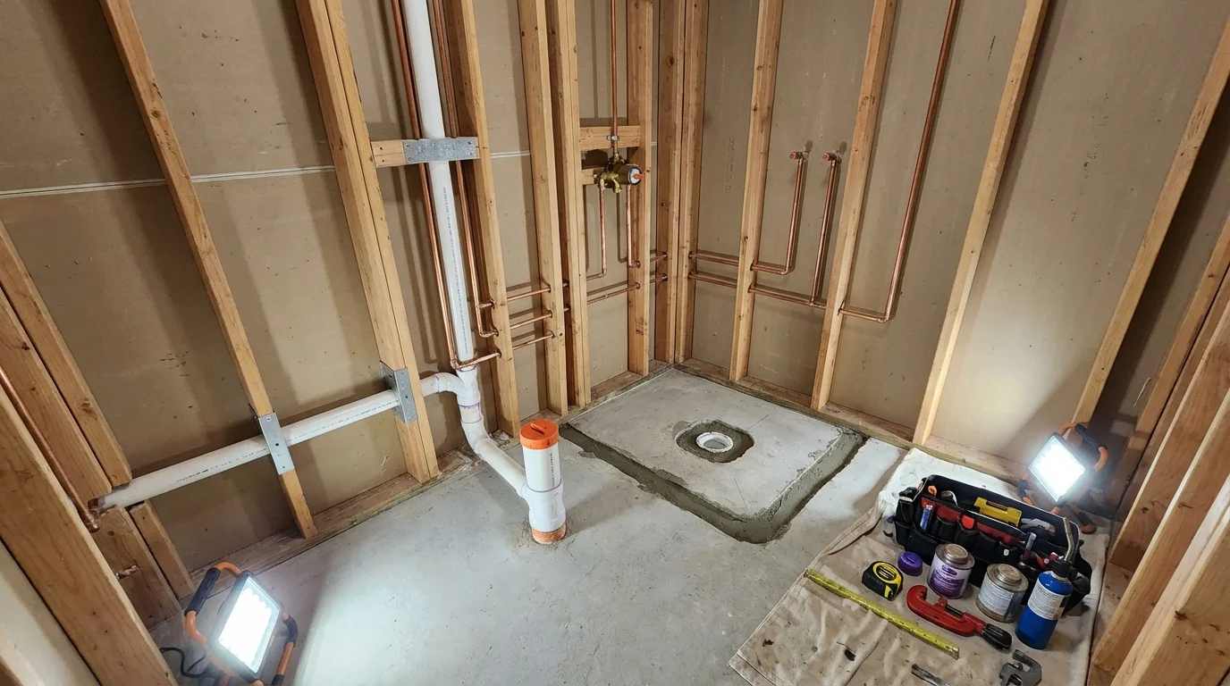Bathroom rough-in plumbing during remodel by Johns Plumbing LLC in Port Carbon