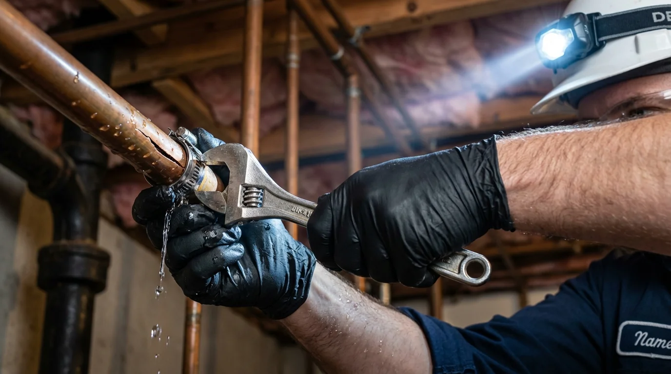 Emergency pipe clamp repair being performed by a Johns Plumbing LLC plumber in Port Carbon