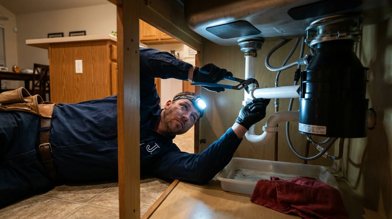 P-trap and supply line connections under a kitchen sink showing a common leak point in Port Carbon, PA